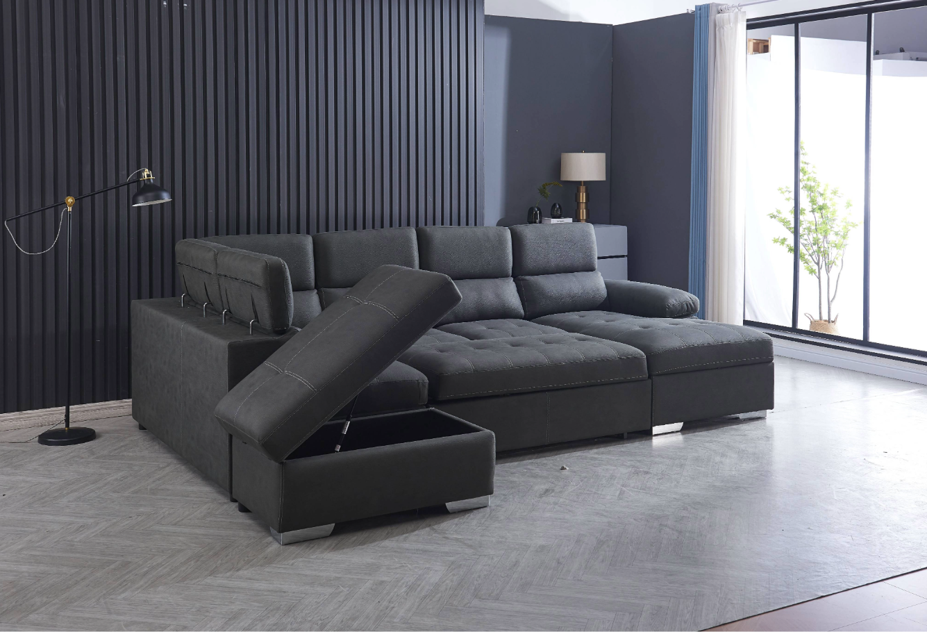 Morgan Sofa Bed with storage chaise and storage ottoman
